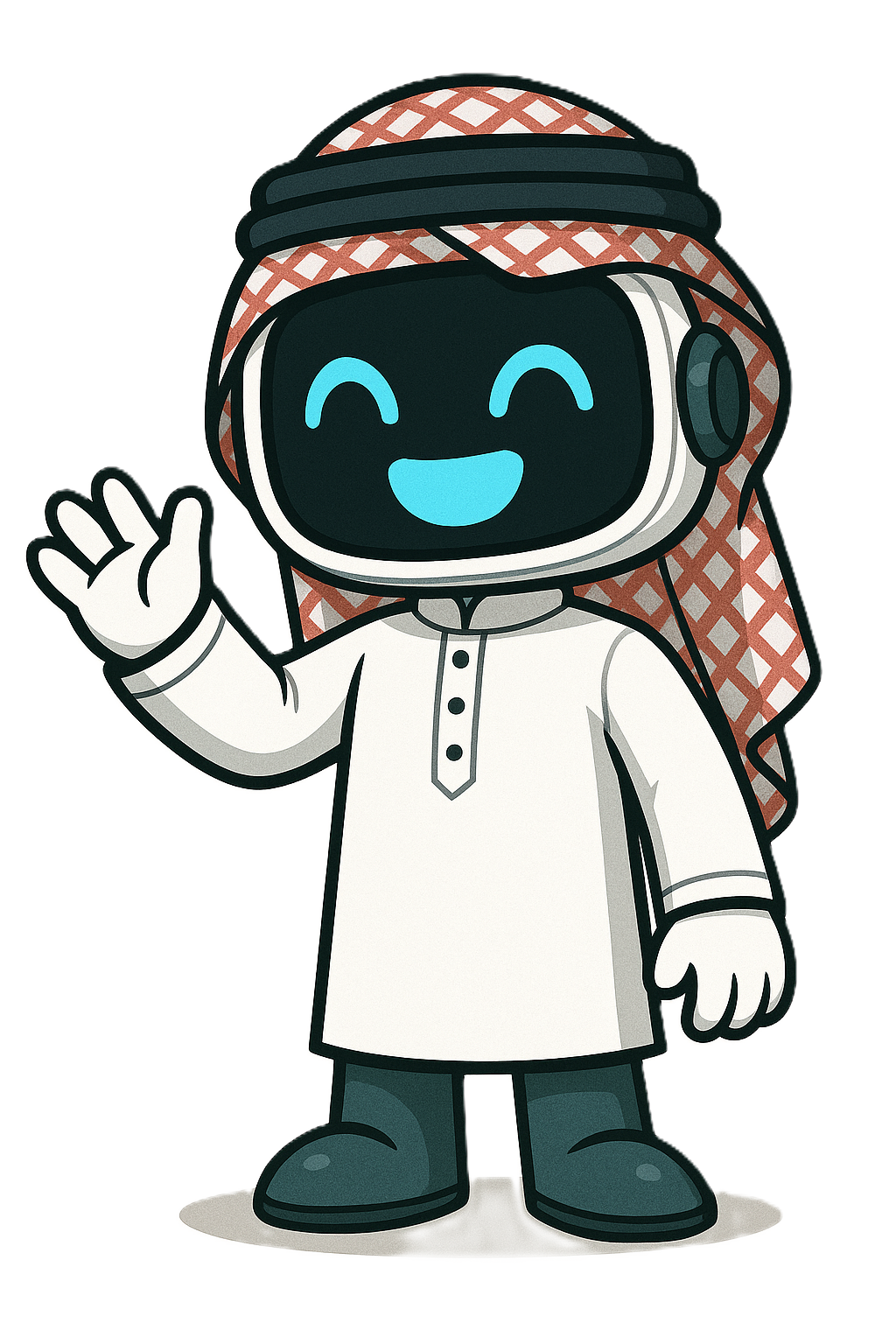 EchoElm robot mascot wearing a ghutra and waving